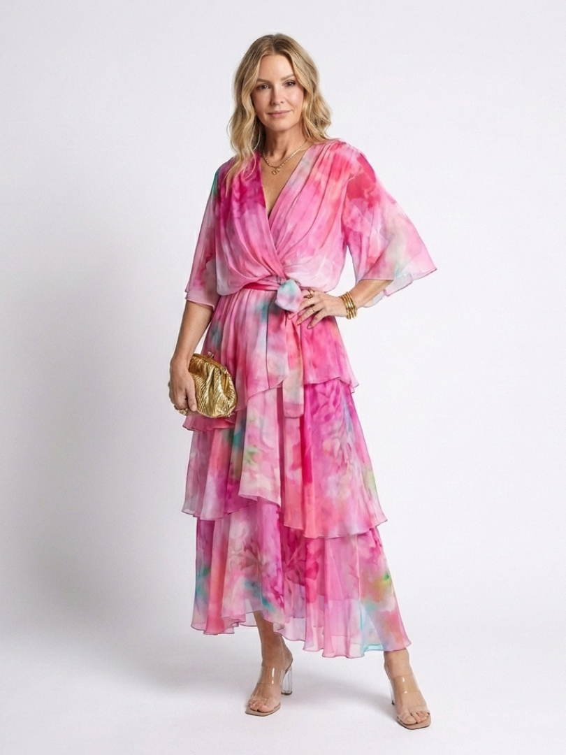 Calista | Sheer Maxi Dress with V-Neckline and Tie Belt