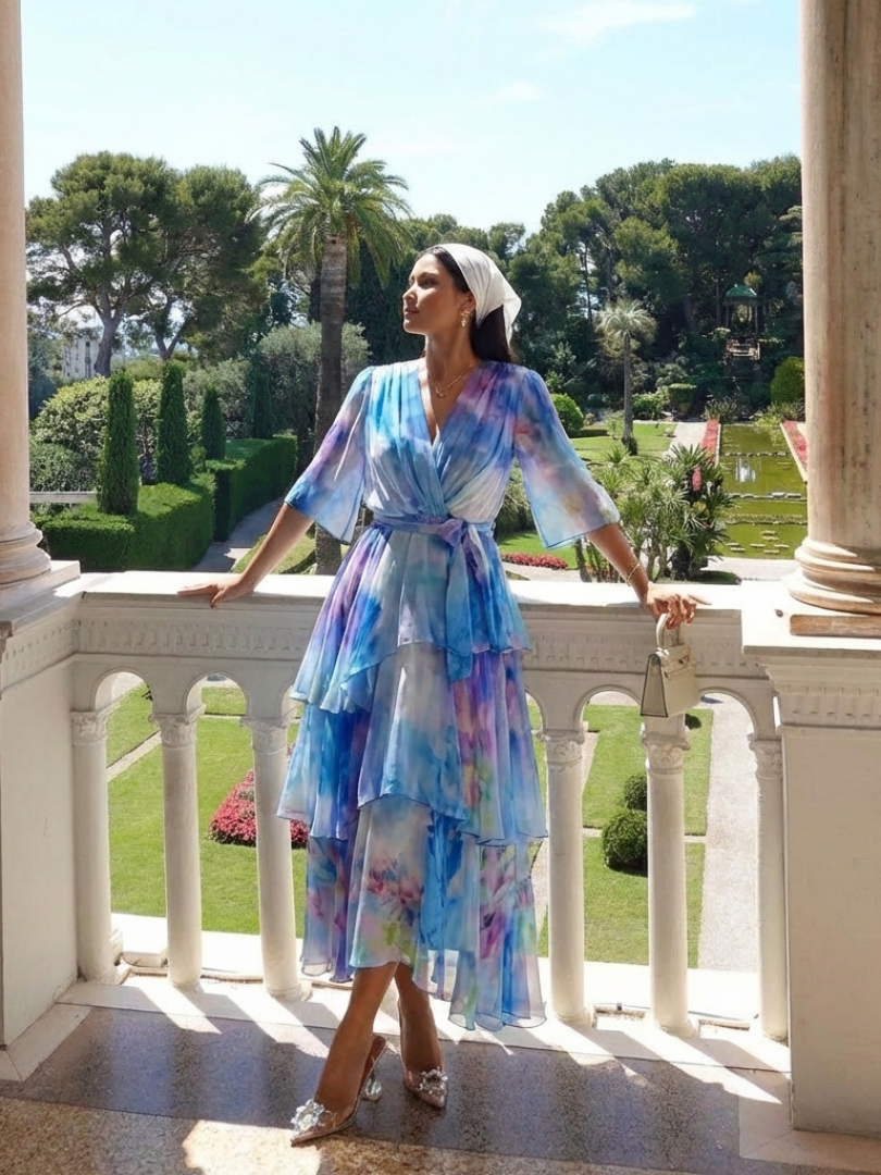 Calista | Sheer Maxi Dress with V-Neckline and Tie Belt