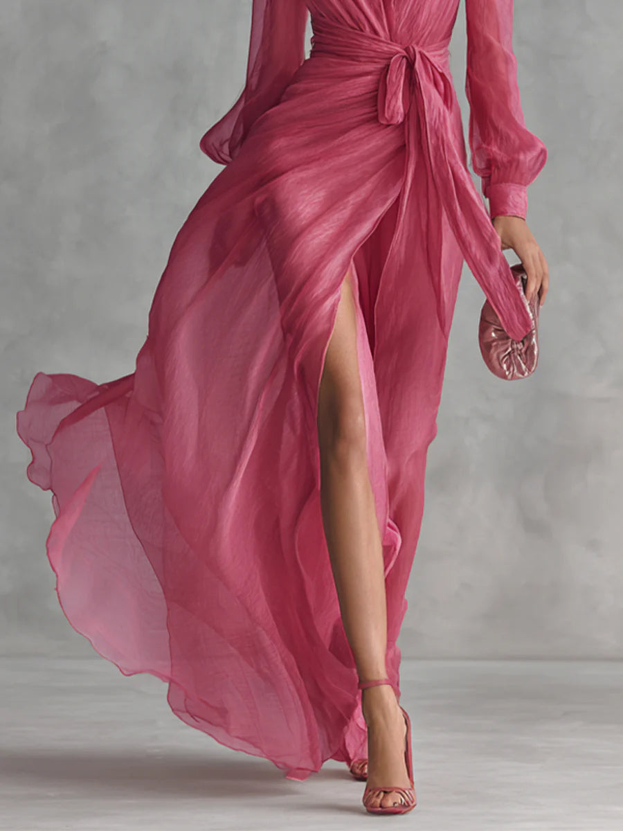 Beatrice | Elegant Long Satin Dress with V-Neck and Belt