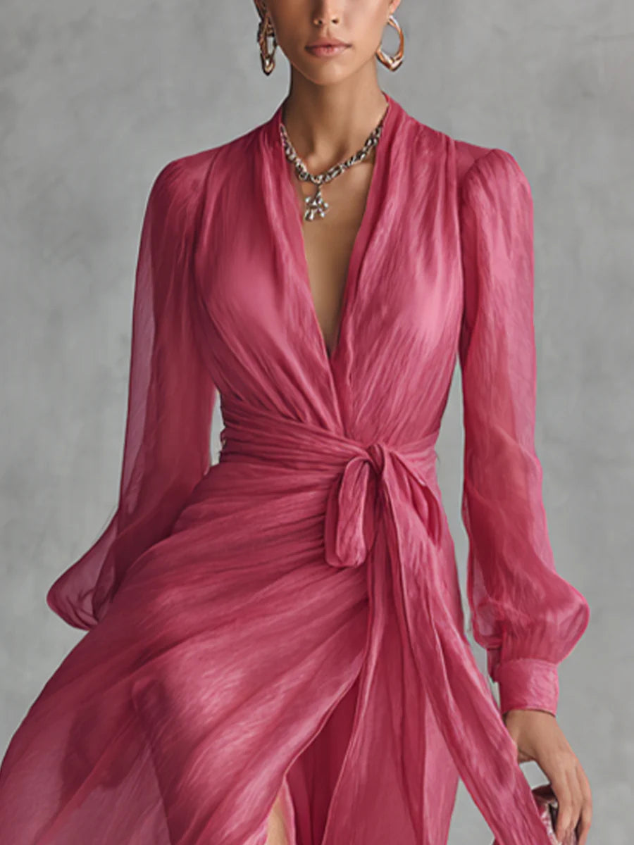Beatrice | Elegant Long Satin Dress with V-Neck and Belt