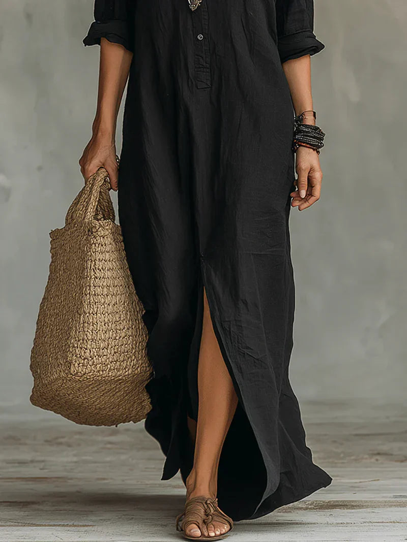 Céline™ | Black Oversized Button-Front Maxi Dress