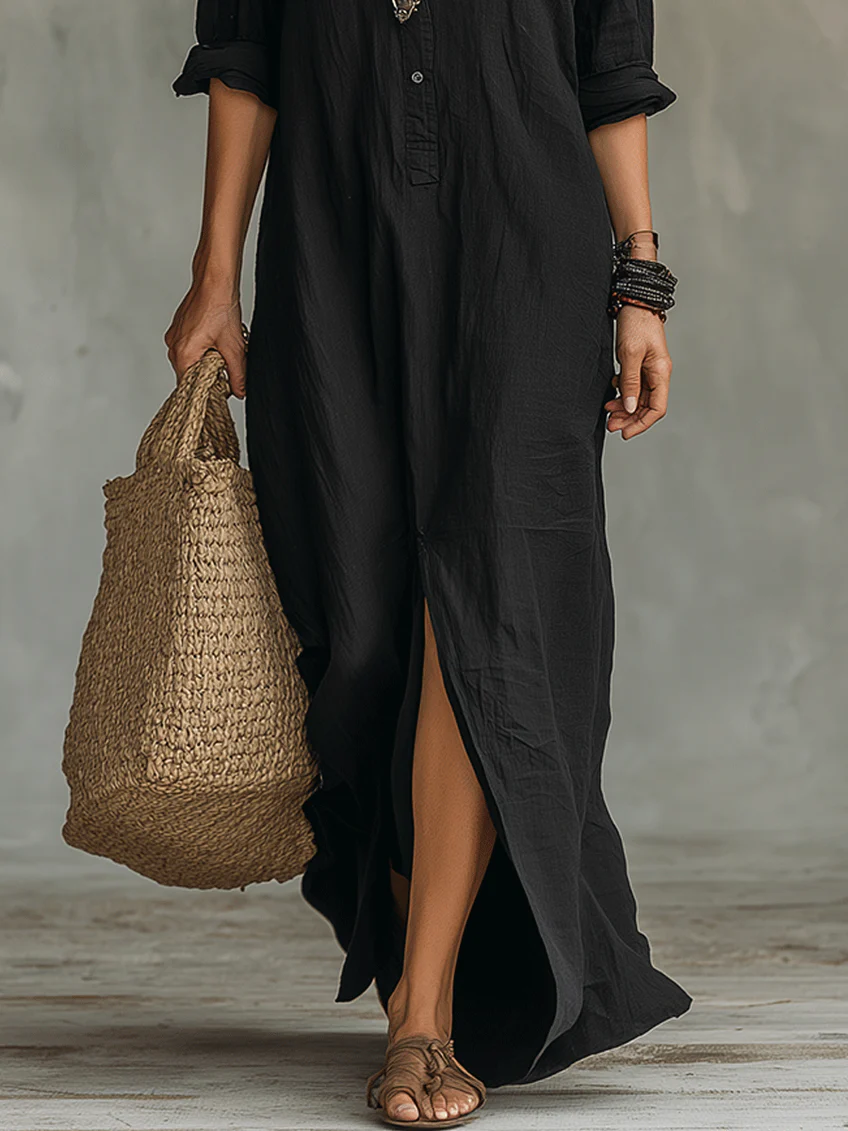 Soline | Black Flowy Long Dress with Buttons
