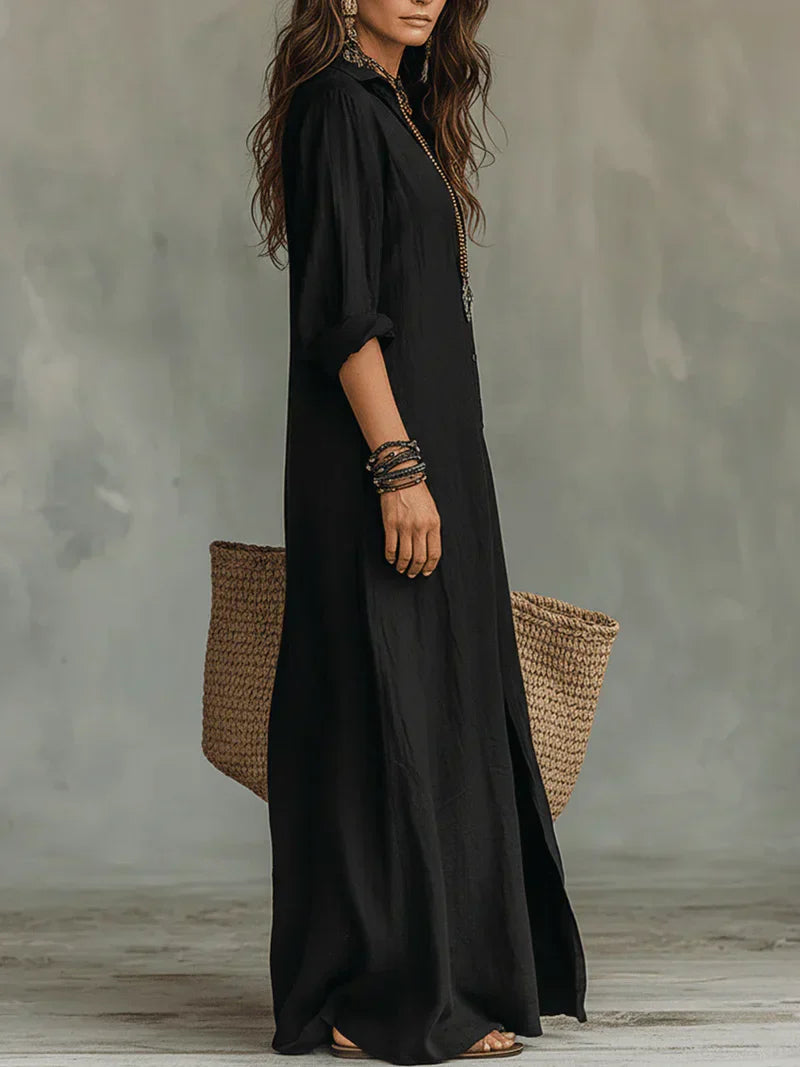 Céline™ | Black Oversized Button-Front Maxi Dress