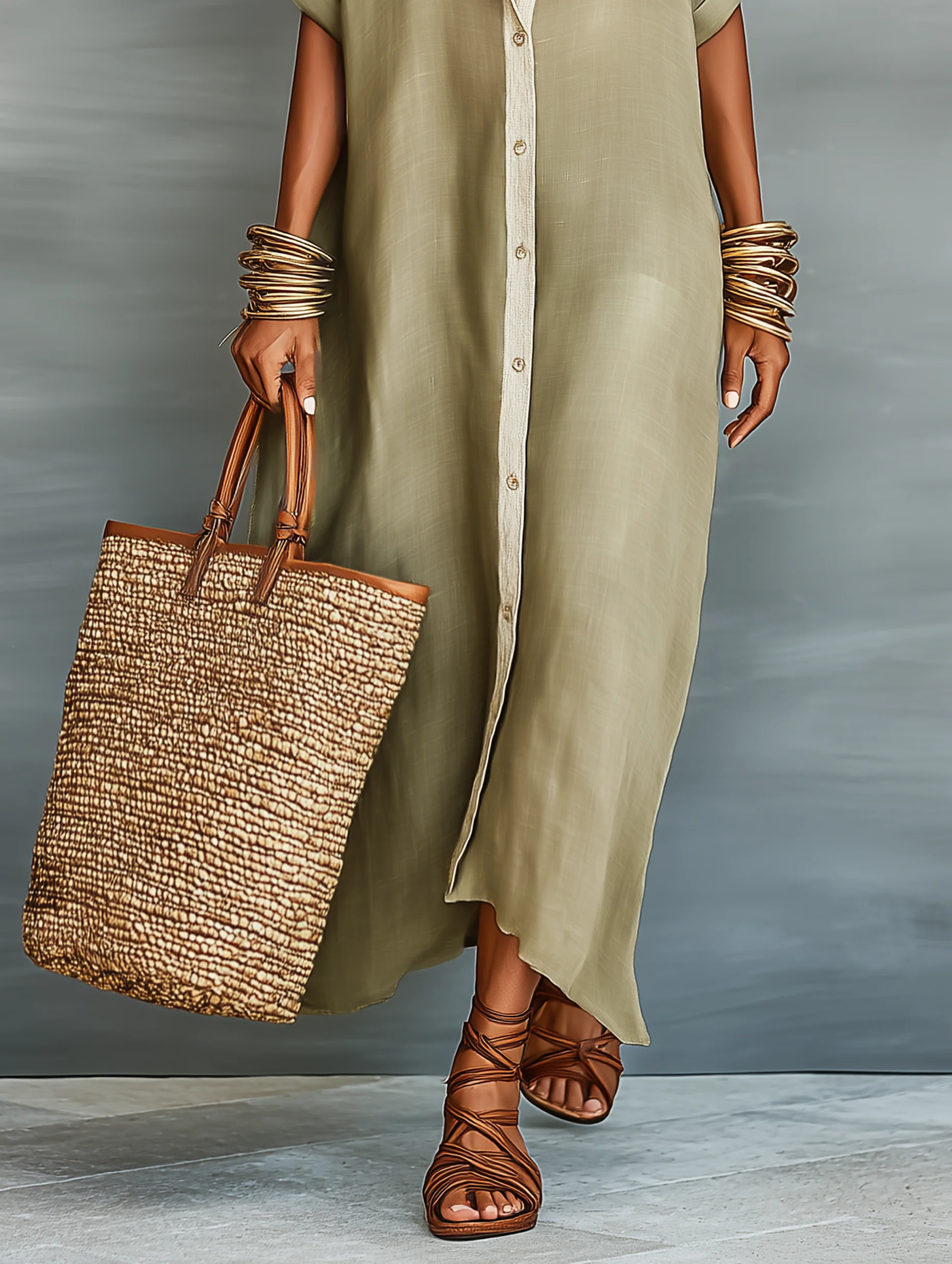 Manelle | Olive Green Long Dress with Minimalist Lines