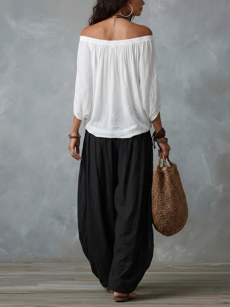 White Off-Shoulder Top and Lantern-Style Wide-Leg Pants Set