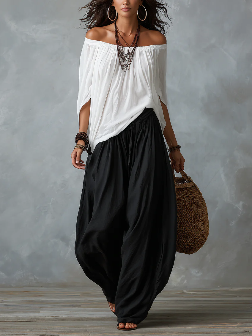 White Off-Shoulder Top and Lantern-Style Wide-Leg Pants Set
