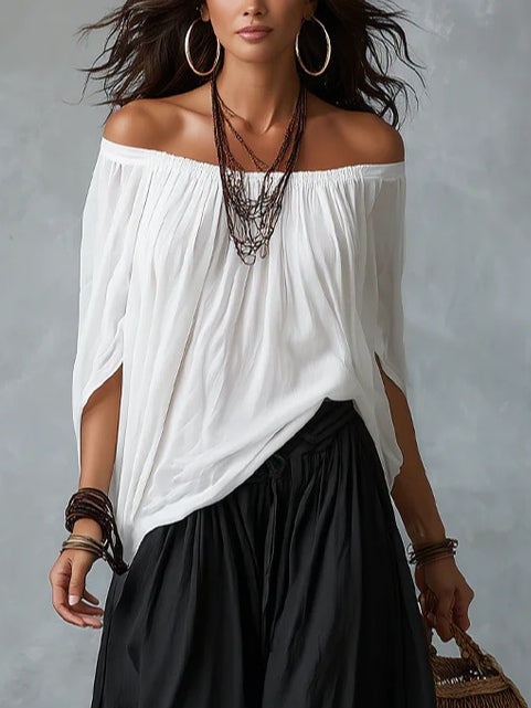 White Off-Shoulder Top and Lantern-Style Wide-Leg Pants Set