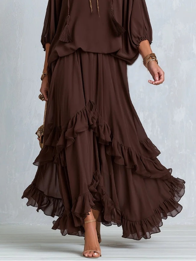 Brown Chiffon Tassel Drawstring V-neck Top Paired With A Ruffled Layered Skirt Set