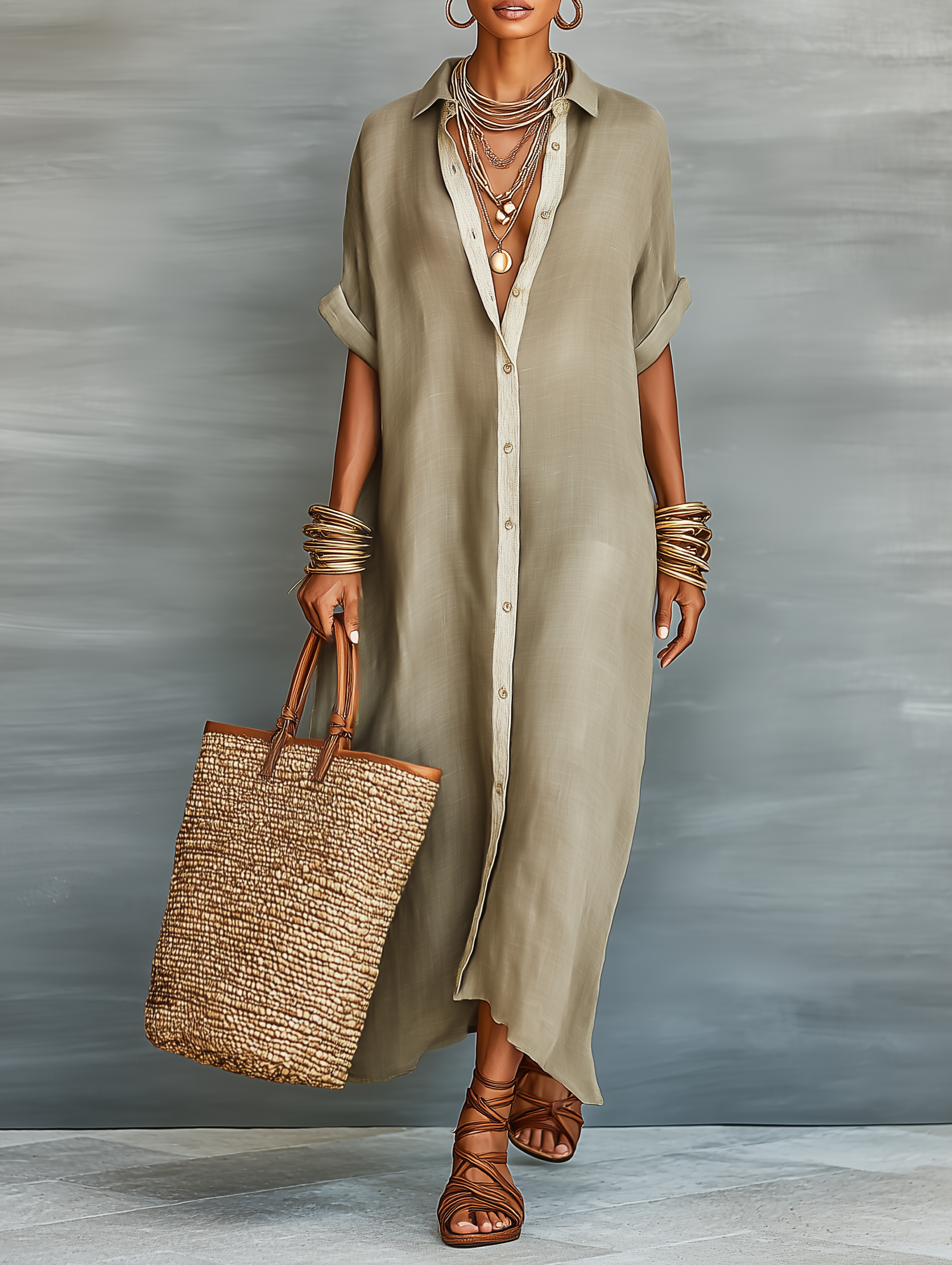 Women's Minimalist Blend Short-sleeved Shirt Maxi Dress