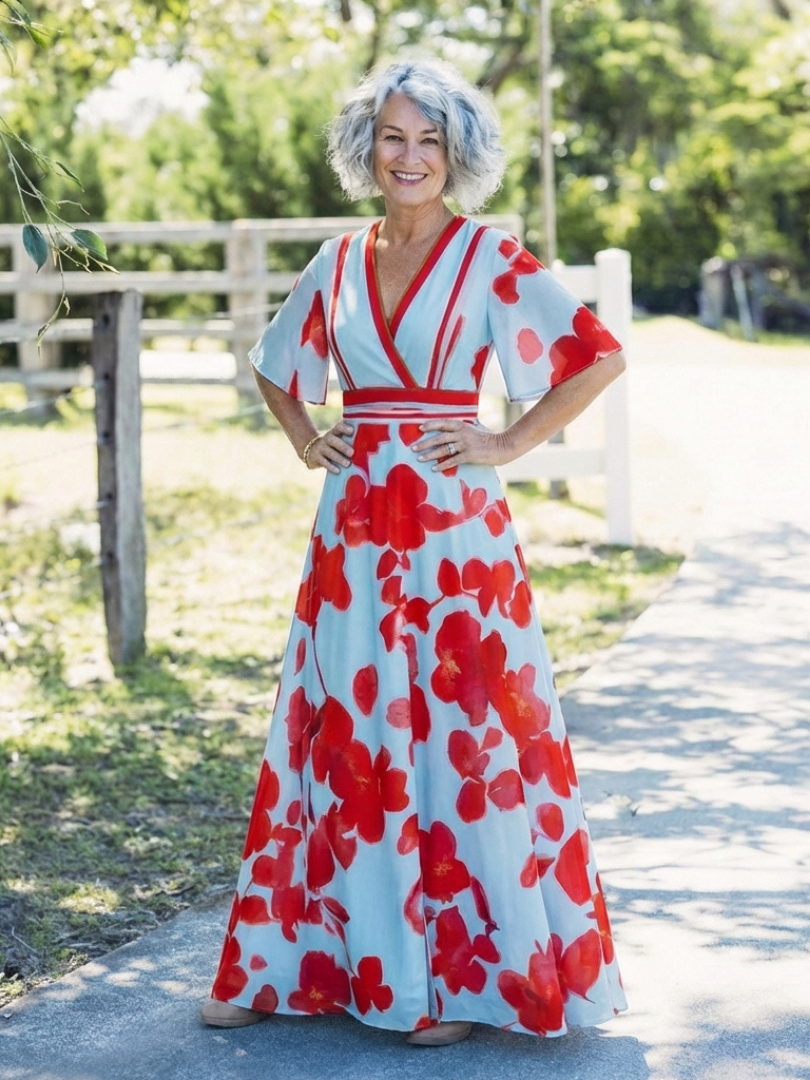 Corinne | Short Sleeve Floral Dress with V-Neckline