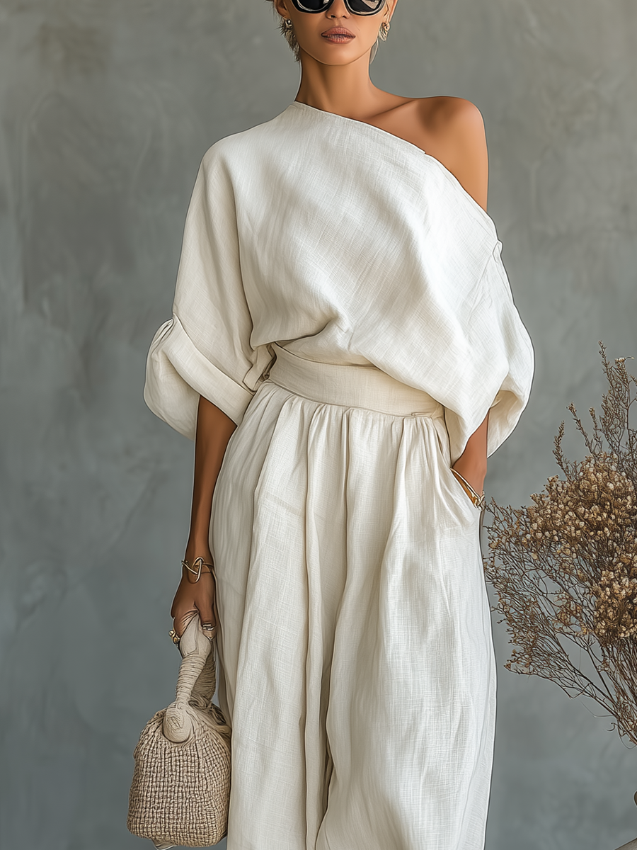 Women's Off-white Off-shoulder Loose Casual Top And Tapered Pants Set MDA2770K8T