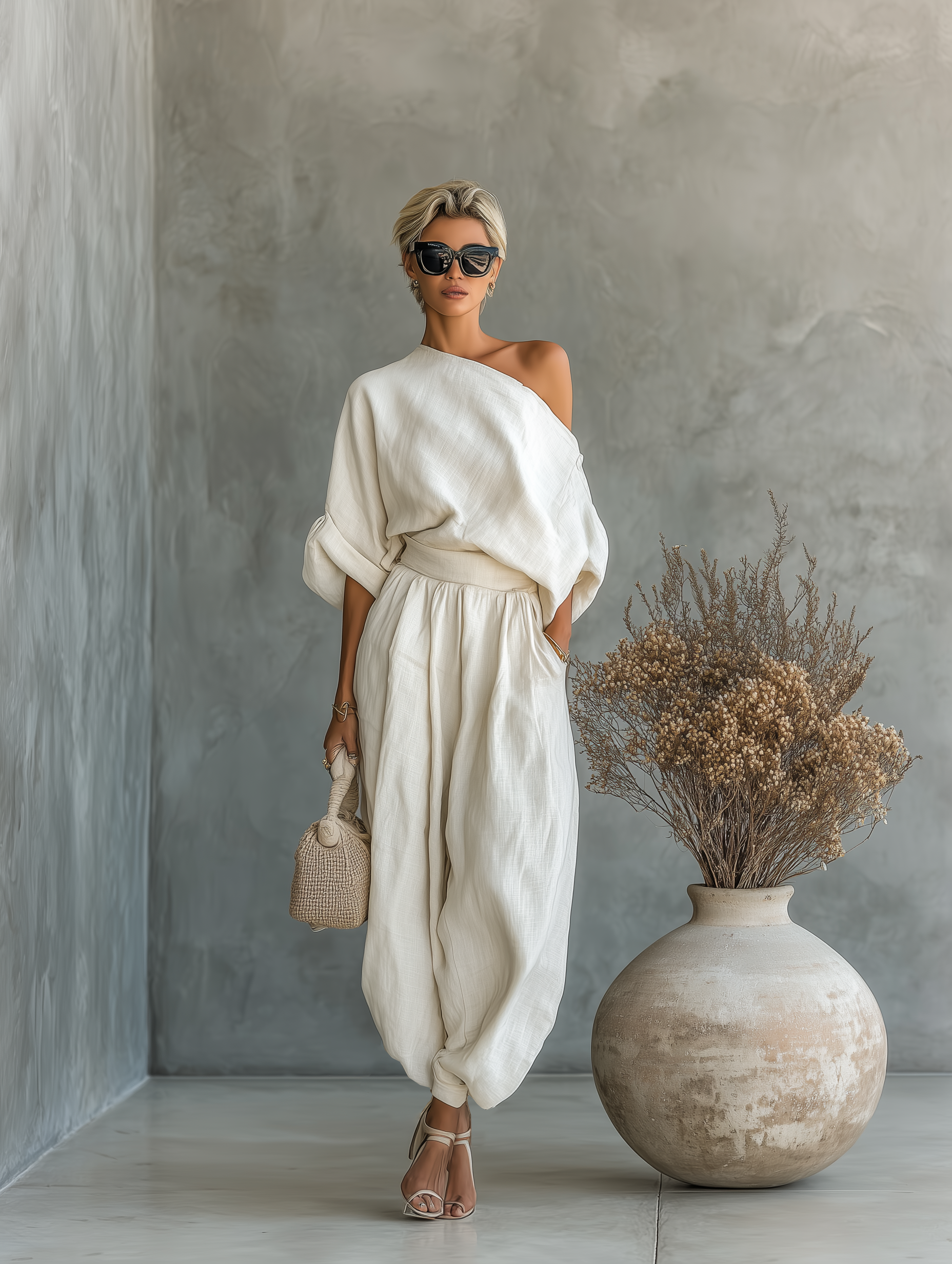 Women's Off-white Off-shoulder Loose Casual Top And Tapered Pants Set MDA2770K8T