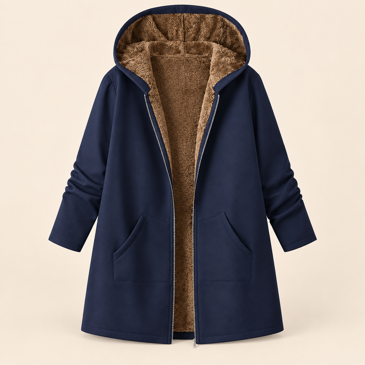 Evelyn Plus Size Sherpa-Lined Hooded Winter Coat in Navy Blue