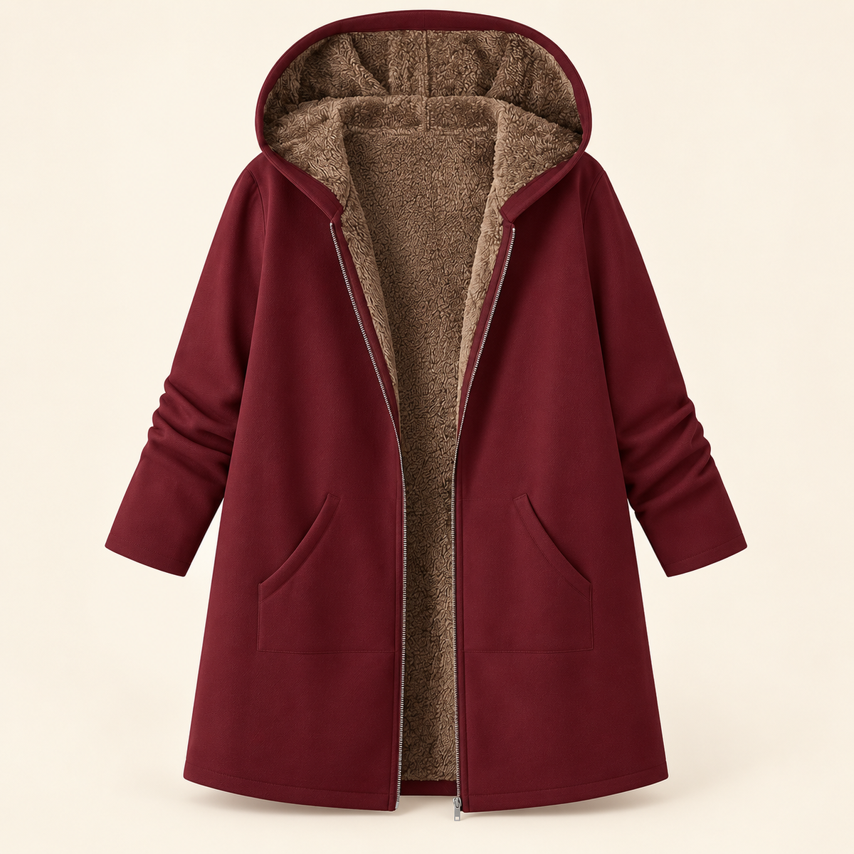 Evelyn Plus Size Sherpa-Lined Hooded Winter Coat in Burgundy