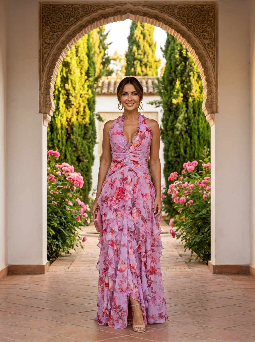 Elegant Long Dress with Halter Neckline
