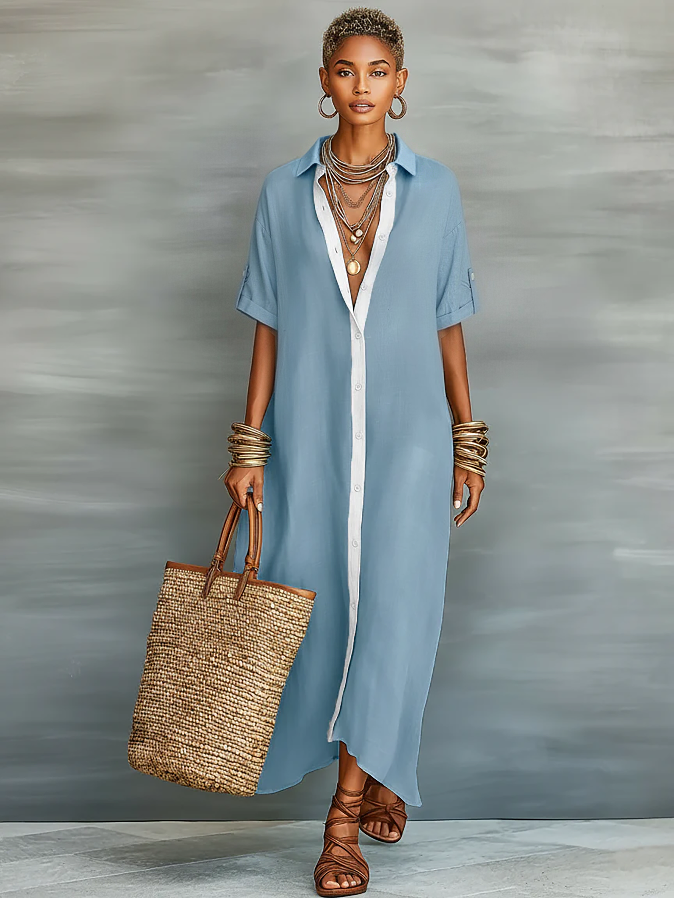 Women's Minimalist Blend Short-sleeved Shirt Maxi Dress