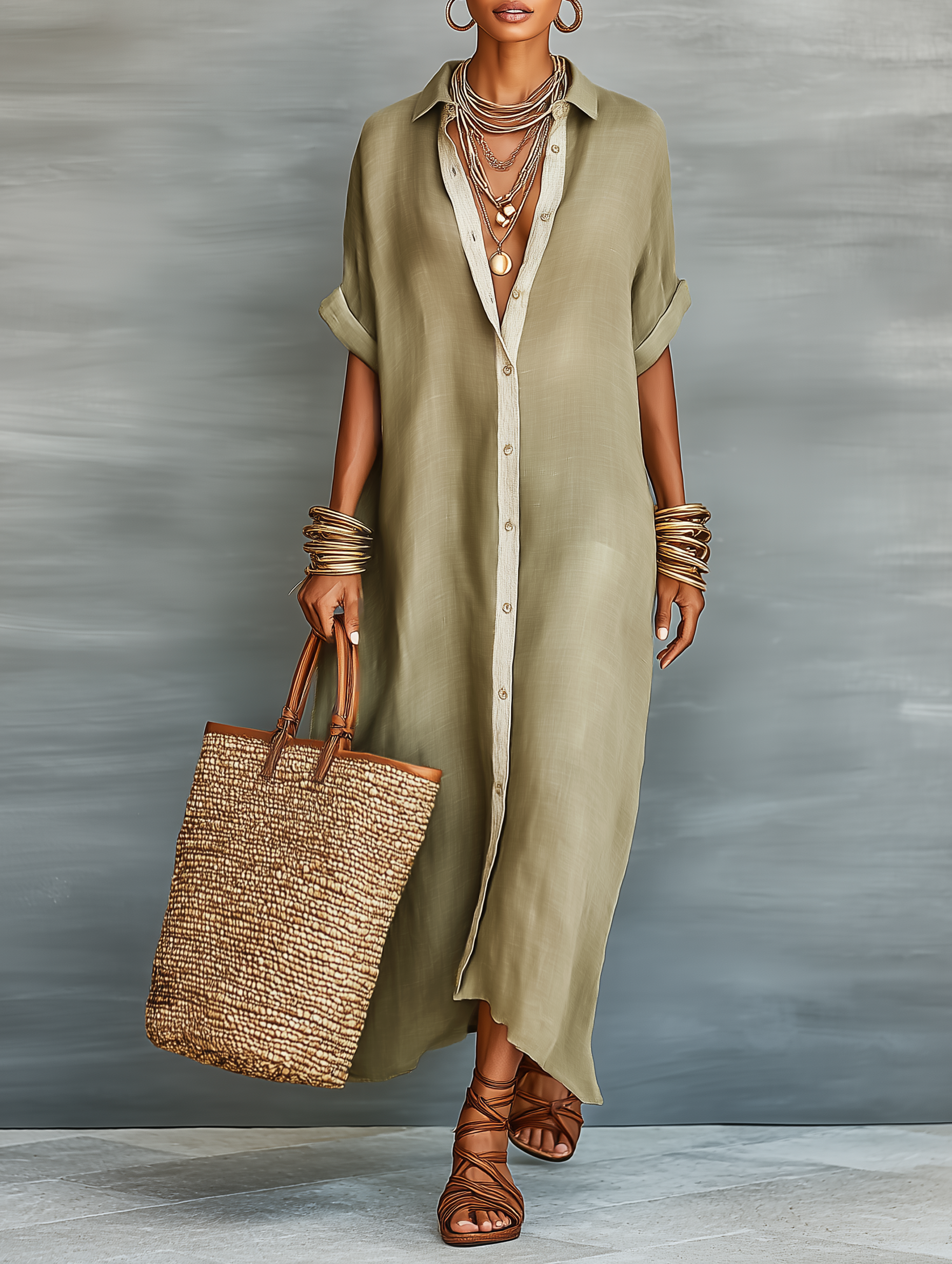 Women's Minimalist Blend Short-sleeved Shirt Maxi Dress