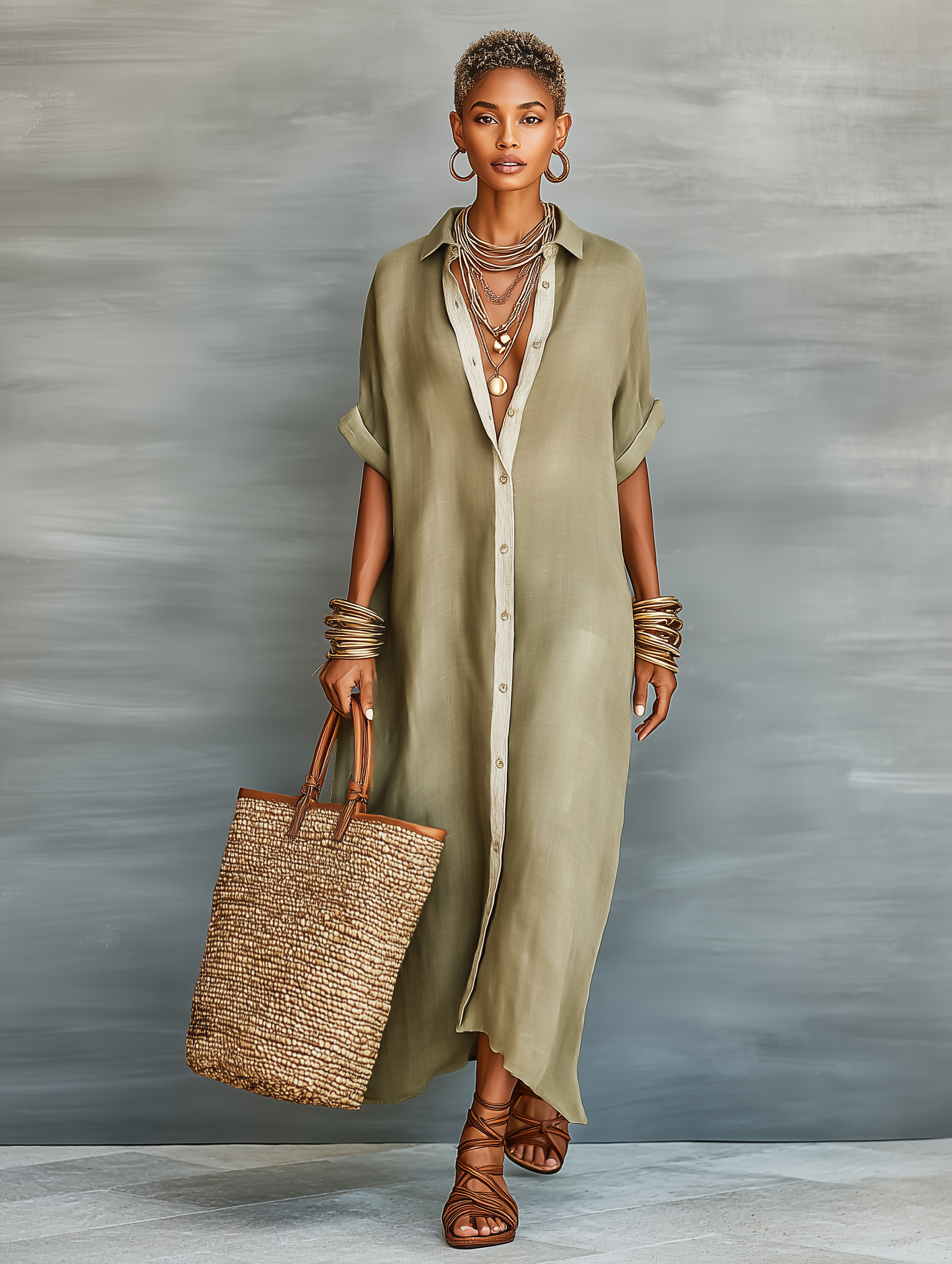 Women's Minimalist Blend Short-sleeved Shirt Maxi Dress