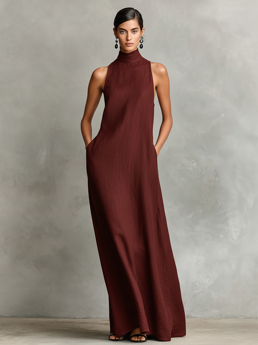 Women's Black Blend Maxi Dress With High Neck & Side Pockets, Timeless Minimalist Casual Dress