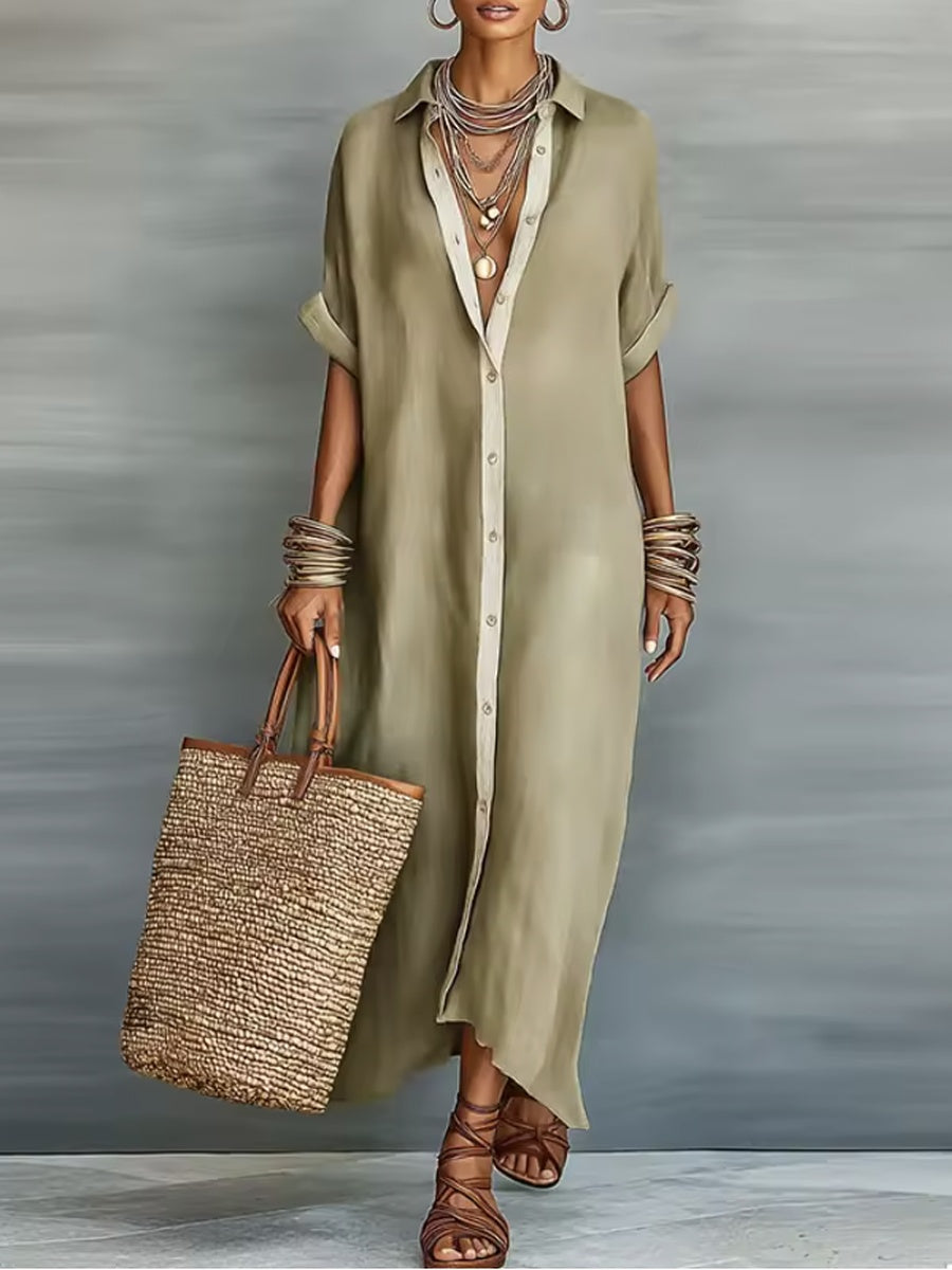 Manelle | Olive Green Long Dress with Minimalist Lines